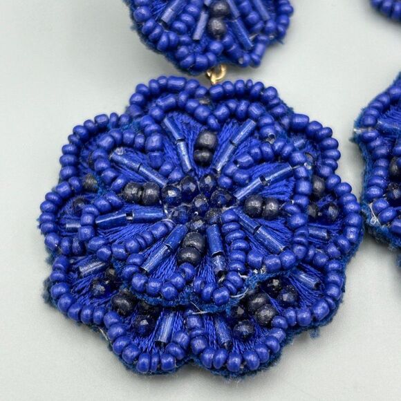 Blue Beaded Dangle Floral Flower Piereced Ears Earrings - Picture 2 of 7